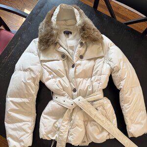 Land's End Women's Down feather winter jacket with belt & removable fur collar